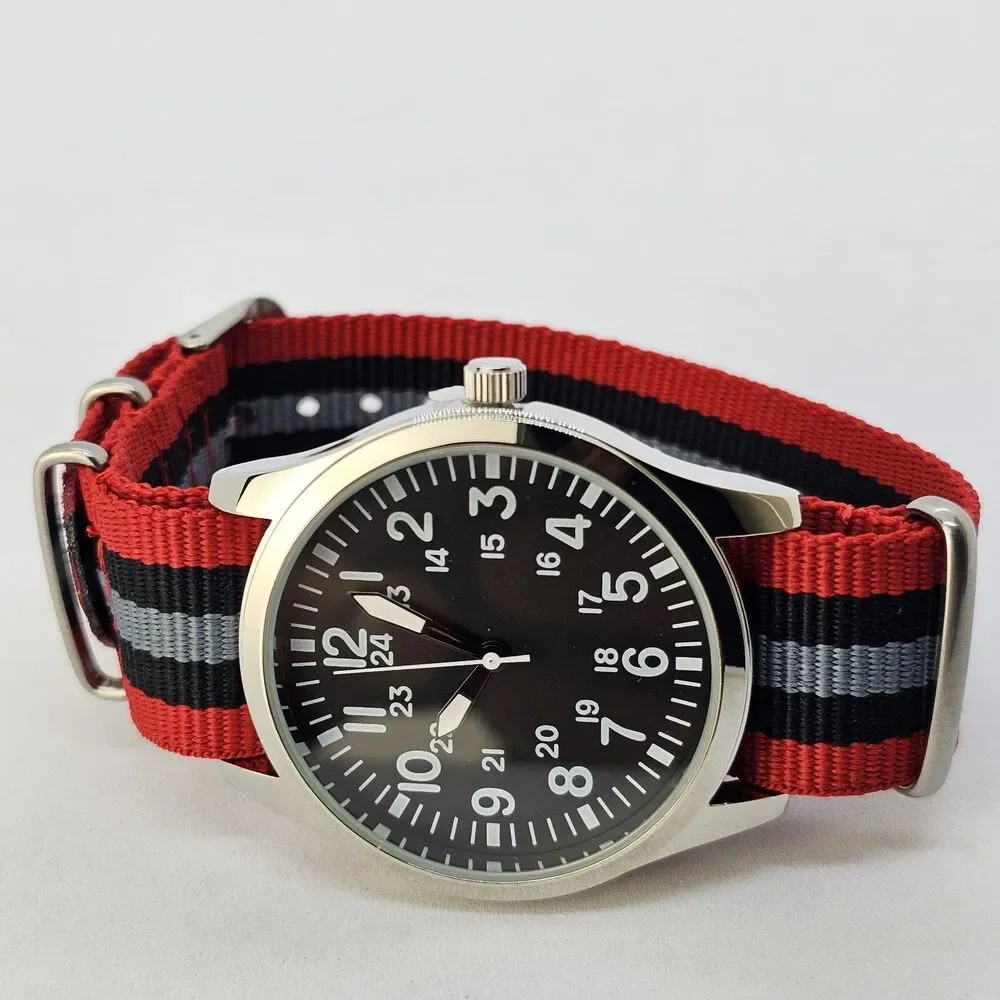 Men's Field Military Watch 42MM Black Dial Red Black Gray‎ Canvas Band Strap